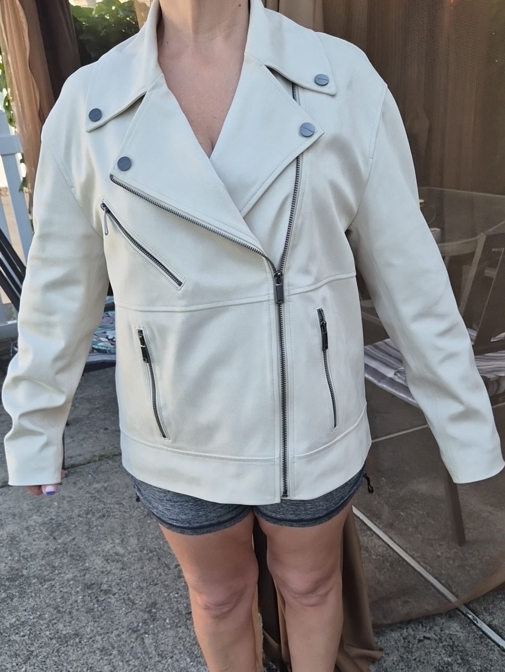NWT Calvin Klein Cream Moto faux Suede  Jacket with Silver Hardware PTP 22"